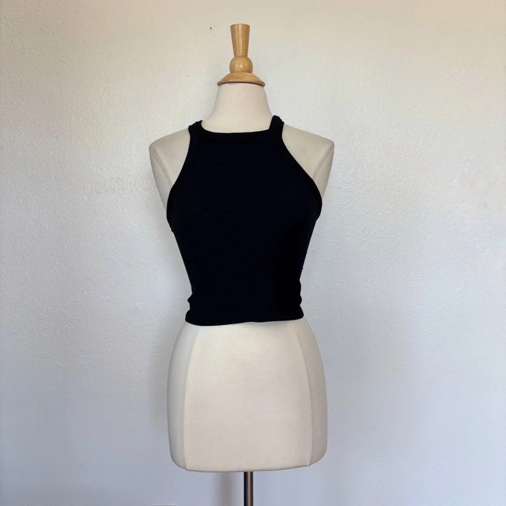 Solid Black Ribbed Halter Tank Top - Picture 1 of 8